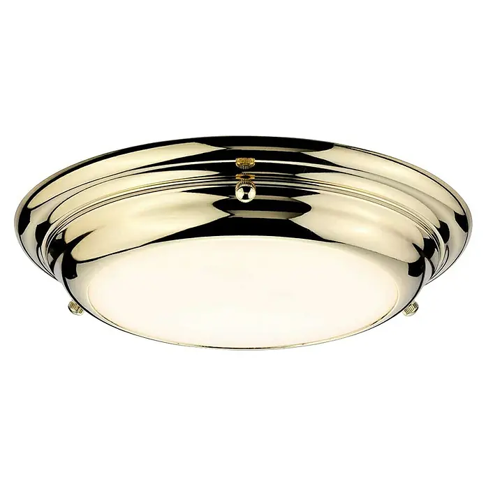 Elstead LED-Deckenleuchte Welland - 12 W, L x B x H: 24,5 x 24,5 x 4,8 cm, Messing, Warmweiß - Nahaufnahme einer runden, goldenen Deckenleuchte mit weißem, mattiertem Glasdiffusor und dekorativen goldenen Akzenten.