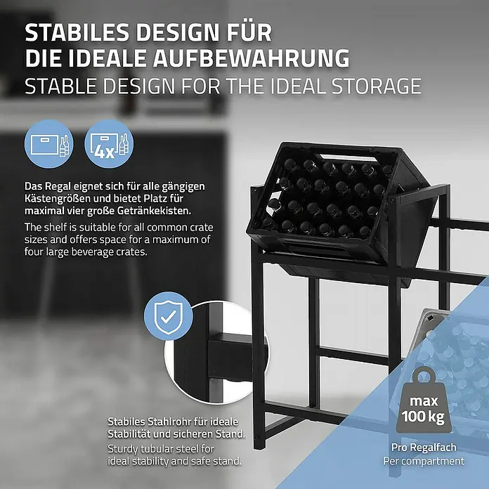 ML-Design Getränkekistenregal Kastenständer für 4 Kisten stabiles Standregal freistehend Stahl - H x B x T: 75,5 x 31 x 31 cm, Traglast pro Boden: 150 kg, Anzahl Böden: 4 Stk., Stecken, Anthrazit - Getränkeregal mit stabilem Design für die ideale Aufbewahrung von bis zu vier Getränkekisten pro Fach und max. 100 kg Traglast.