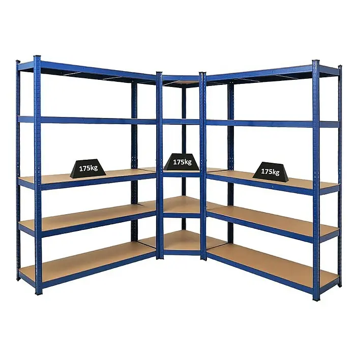 Proregal Eckregal Mega Deal Ragnar - Traglast pro Boden: 175 kg, Anzahl Böden: 5 Stk., Stecken, Blau - Blaues Eckregal mit drei Ebenen und einer Traglast von 175 kg pro Ebene. Ideal für Lagerung und Organisation.