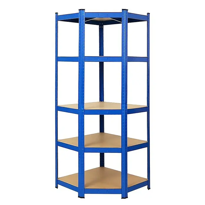 Proregal Eckregal Mega Deal Ragnar - Traglast pro Boden: 175 kg, Anzahl Böden: 5 Stk., Stecken, Blau - Eckregal mit fünf Regalböden aus blauem Metall und Holz für platzsparende Aufbewahrungslösungen.