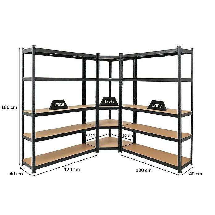 Proregal Eckregal Mega Deal Ragnar - Traglast pro Boden: 175 kg, Anzahl Böden: 5 Stk., Stecken, Schwarz - Ein Eckregal mit fünf Ebenen, ideal für Lagerung. Die Regale sind belastbar und bieten viel Stauraum.