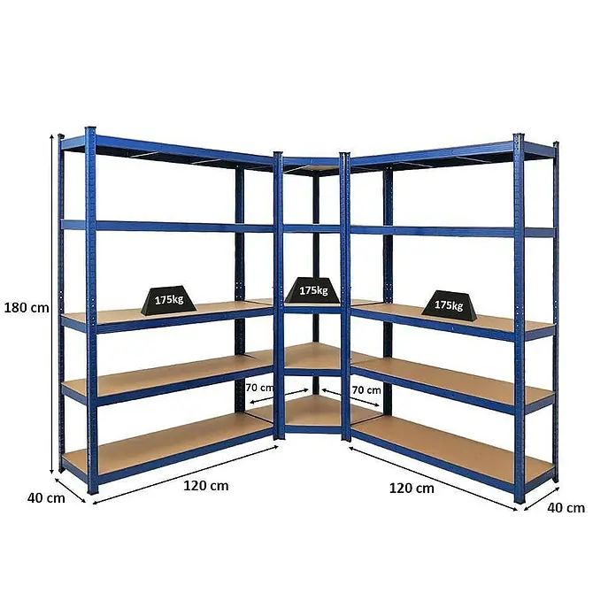 Proregal Eckregal Mega Deal Ragnar - Traglast pro Boden: 175 kg, Anzahl Böden: 5 Stk., Stecken, Blau - Eckregalsystem in Blau mit Holzregalböden, ideal für Lagerung. Tragkraft pro Regalboden: 175kg. Abmessungen: 180x120x40cm (Höhe x Breite x Tiefe).