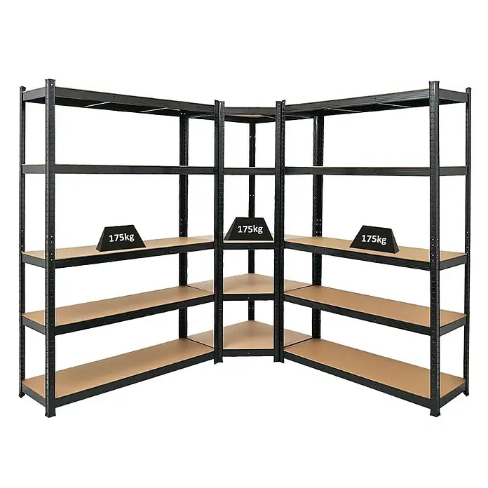 Proregal Eckregal Mega Deal Ragnar - Traglast pro Boden: 175 kg, Anzahl Böden: 5 Stk., Stecken, Schwarz - Eckregalsystem mit Metallrahmen und Holzregalböden, belastbar bis 175kg pro Regalboden, ideal für Lager und Werkstatt.