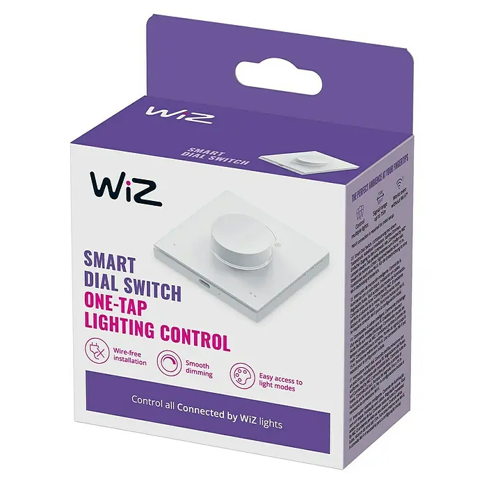 Philips Wiz Fernbedienung smarter Dial Schalter - Weiß - Produktverpackung für einen intelligenten WiZ-Drehschalter zur einfachen Steuerung der Beleuchtung.