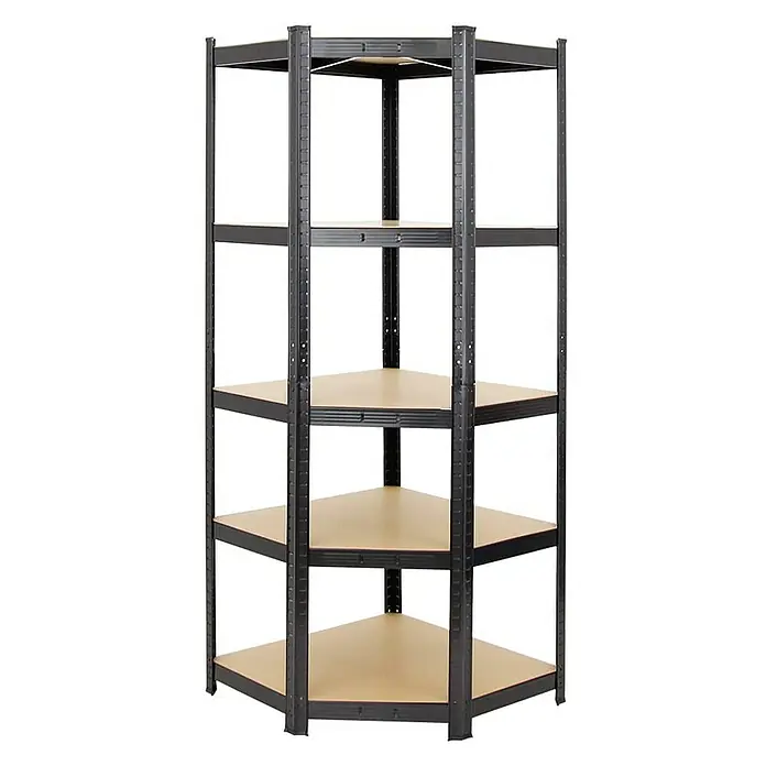 Proregal Eckregal Mega Deal Ragnar - Traglast pro Boden: 175 kg, Anzahl Böden: 5 Stk., Stecken, Schwarz - Eckregal aus Metall mit Holzregalböden für eine optimale Raumnutzung. Ideal für Lagerung und Ordnung.