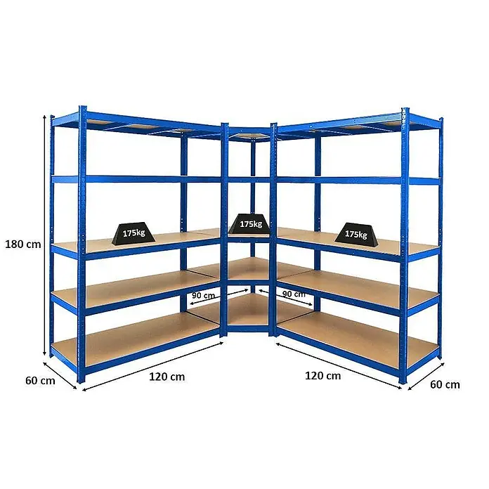 Proregal Eckregal Mega Deal Ragnar - Traglast pro Boden: 175 kg, Anzahl Böden: 5 Stk., Stecken, Blau - Ein blaues Eckregal mit vier Regalböden, Abmessungen und Gewichtsangaben für die Regalkonstruktion sind ersichtlich.
