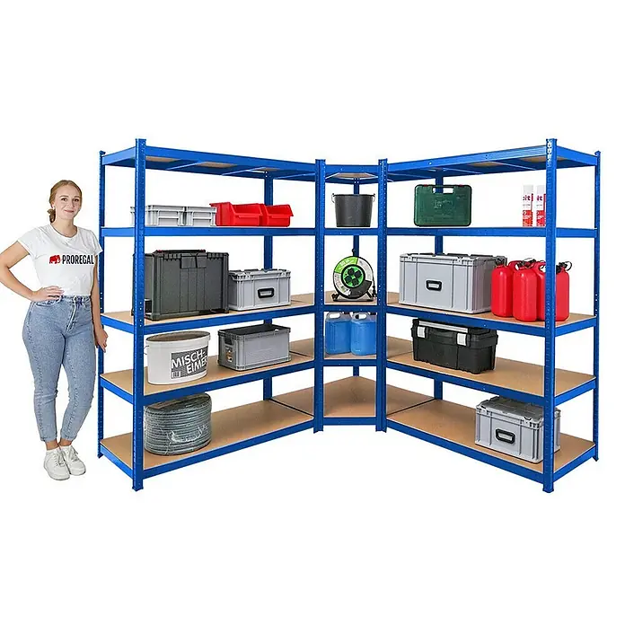Proregal Eckregal Mega Deal Ragnar - Traglast pro Boden: 175 kg, Anzahl Böden: 5 Stk., Stecken, Blau - Lagerregal mit viel Stauraum, blaues Metallgestell und Holzböden, ideal für Werkstatt oder Garage.