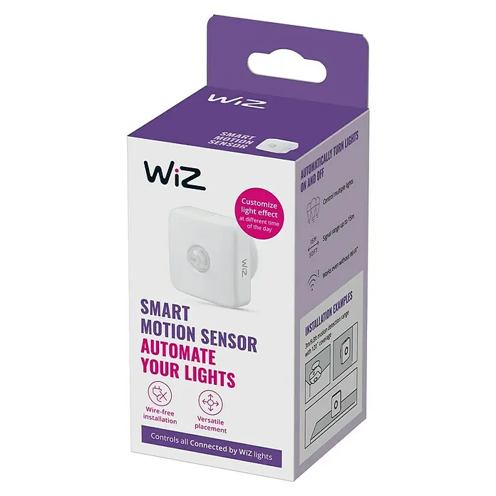 WiZ Bewegungsmelder - Reichweite Sensor: 3 m, Weiß, L x B x H: 6,2 x 6,2 x 5 cm - Produktverpackung für einen WiZ Smart Motion Sensor zur Automatisierung der Beleuchtung mit anpassbaren Lichteffekten und einfacher Installation.