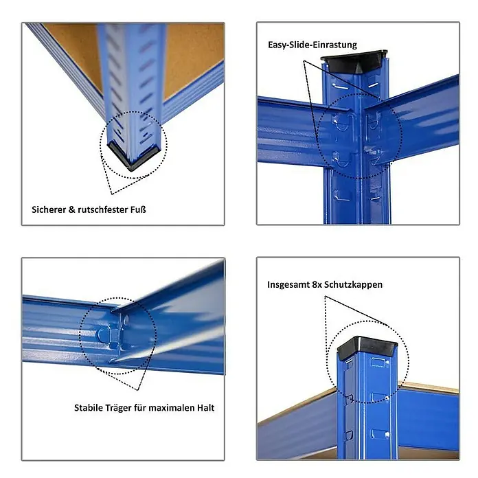 Proregal Eckregal Mega Deal Ragnar - Traglast pro Boden: 175 kg, Anzahl Böden: 5 Stk., Stecken, Blau - Detailansicht eines blauen Metallregals mit rutschfestem Fuß, Easy-Slide-Einrastung, stabilen Trägern und Schutzkappen für maximale Stabilität.