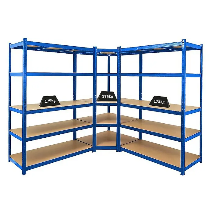 Proregal Eckregal Mega Deal Ragnar - Traglast pro Boden: 175 kg, Anzahl Böden: 5 Stk., Stecken, Blau - Das Bild zeigt ein blaues Eckregal mit vier Ebenen, von denen jede eine Last von 175 kg tragen kann. Ideal für Lagerung und Organisation.