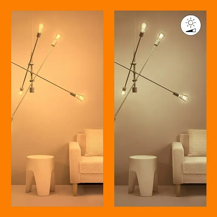 Philips Wiz Smart-LED-Lampe - E27, Dimmbar, Mehrfarbig, 806 lm, 6,7 W, ST64 - Das Bild zeigt eine Stehlampe mit mehreren Armen, die mit Edison-Glühbirnen bestückt sind, in zwei verschiedenen Beleuchtungsstärken.