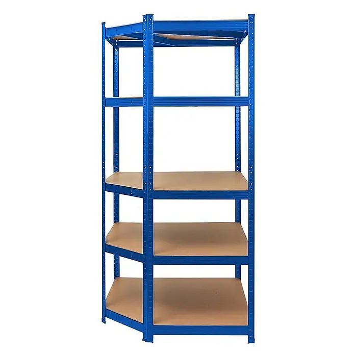 Proregal Eckregal Mega Deal Ragnar - Traglast pro Boden: 175 kg, Anzahl Böden: 5 Stk., Stecken, Blau - Dieses Bild zeigt ein blaues Regal mit fünf Ablagen, ideal für Lagerung und Organisation in verschiedenen Umgebungen.