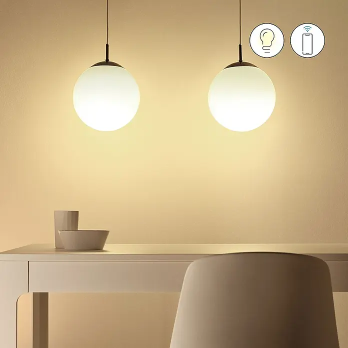 Philips Wiz Smart-LED-Lampe matter - E27, Dimmbar, Neutralweiß, 1.055 lm, 11 W, 1 Stk. - Zwei elegante Hängelampen mit runden Lampenschirmen, die warmes Licht spenden. Smart-Home-fähig für moderne Beleuchtung.