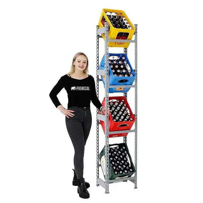 Proregal Getränkekistenregal HIGH BIG CAMEL - H x B x T: 200 x 40 x 30 cm, Traglast pro Boden: 100 kg, Anzahl Böden: 4 Stk., Stecken, Grau - Stabiles Regal mit bunten Getränkekisten, ideal für Lagerung und Präsentation. Das Regal ist eine praktische und ansprechende Lösung.