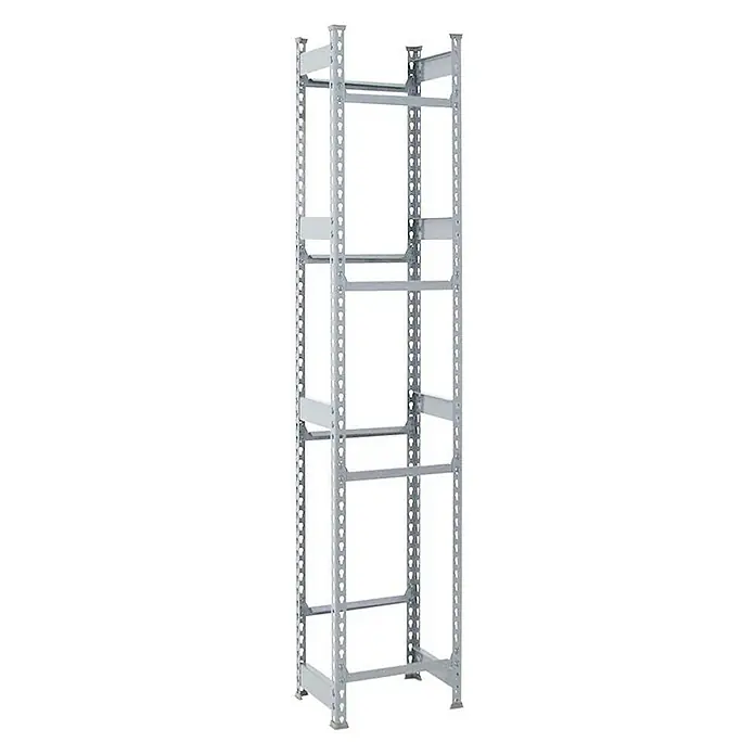 Proregal Getränkekistenregal HIGH BIG CAMEL - H x B x T: 200 x 40 x 30 cm, Traglast pro Boden: 100 kg, Anzahl Böden: 4 Stk., Stecken, Grau - Ein Metallregal mit mehreren Ebenen und gelöcherten Pfosten bietet vielseitige Aufbewahrungsmöglichkeiten.