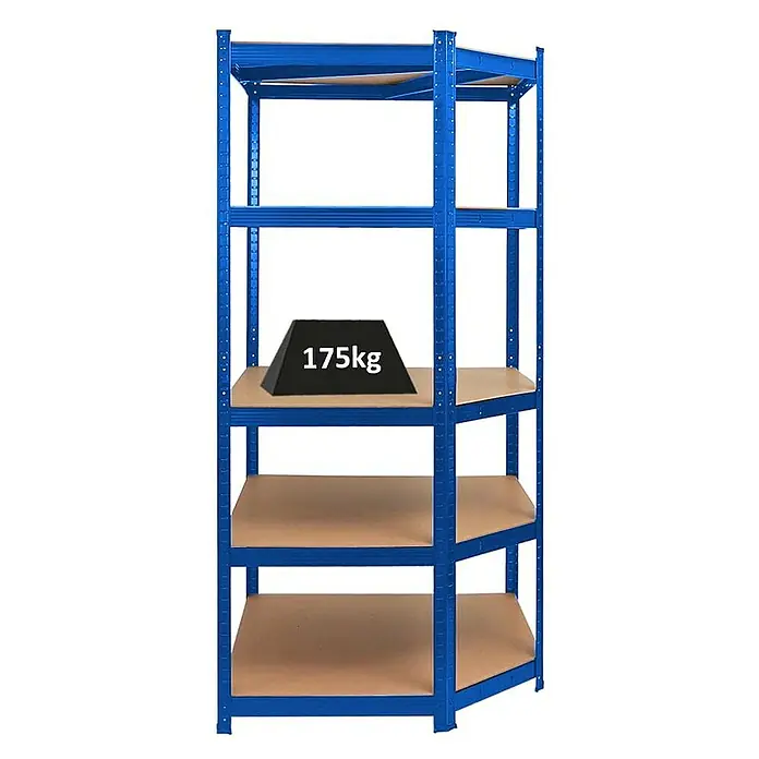 Proregal Eckregal Ragnar - Traglast pro Boden: 175 kg, Anzahl Böden: 5 Stk., Stecken, Blau - Regal mit fünf Böden, blaues Metallgestell, ein Gewicht von 175 kg liegt auf der zweiten Ablage.