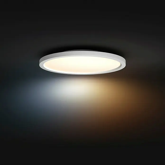 Philips Hue LED-Panel rund White Ambience Aurelle - 21 W, Ø x H: 39,5 x 4,7 cm, Weiß, Warmweiß - Moderne LED-Deckenleuchte mit rundem Design und sanfter Beleuchtung für ein stilvolles Ambiente.