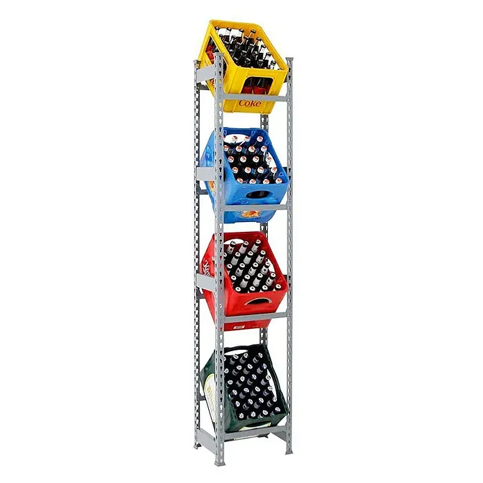 Proregal Getränkekistenregal HIGH BIG CAMEL - H x B x T: 200 x 40 x 30 cm, Traglast pro Boden: 100 kg, Anzahl Böden: 4 Stk., Stecken, Grau - Getränkeregal mit vier vollen Getränkekisten in Gelb, Blau, Rot und Grün.