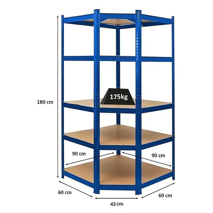 Proregal Eckregal Ragnar - Traglast pro Boden: 175 kg, Anzahl Böden: 5 Stk., Stecken, Blau - Regal mit fünf Ebenen und den Maßen: Höhe 180cm, Tiefe 60 cm und 43 cm und einer Breite von 90cm. Es ist blau und trägt 175kg.