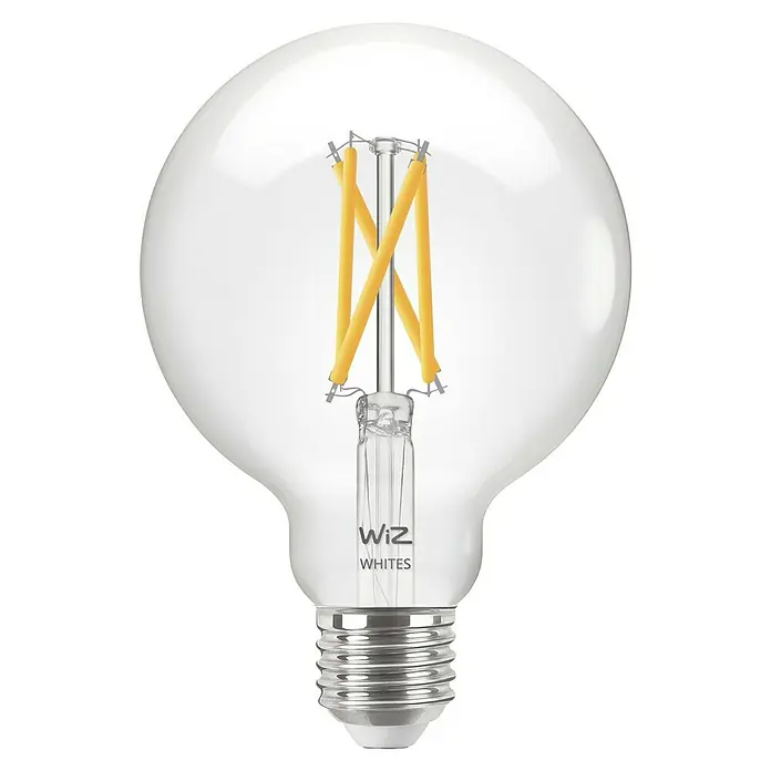 Philips Wiz Smart-LED-Lampe - E27, Dimmbar, Mehrfarbig, 806 lm, 6,7 W, G95 - Nahaufnahme einer WiZ Whites LED-Lampe mit Edison-Glühfaden, die warmweißes Licht für eine gemütliche Atmosphäre bietet.