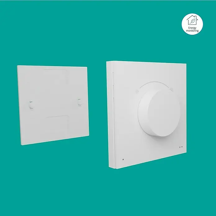 Philips Wiz Fernbedienung smarter Dial Schalter - Weiß - Nahaufnahme von zwei weißen Smart-Home-Geräten zur Energiemonitoring, ein flaches Panel und eines mit Drehknopf, auf türkisem Hintergrund.