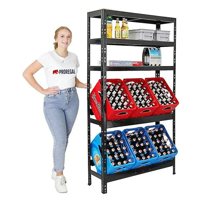 Proregal Getränkekistenregal BODENSEE - Traglast pro Boden: 150 kg, Anzahl Böden: 5 Stk., Stecken, Schwarz - Regal mit Getränkekisten und diversen anderen Produkten. Es ist eine ideale Lösung für die Lagerung.
