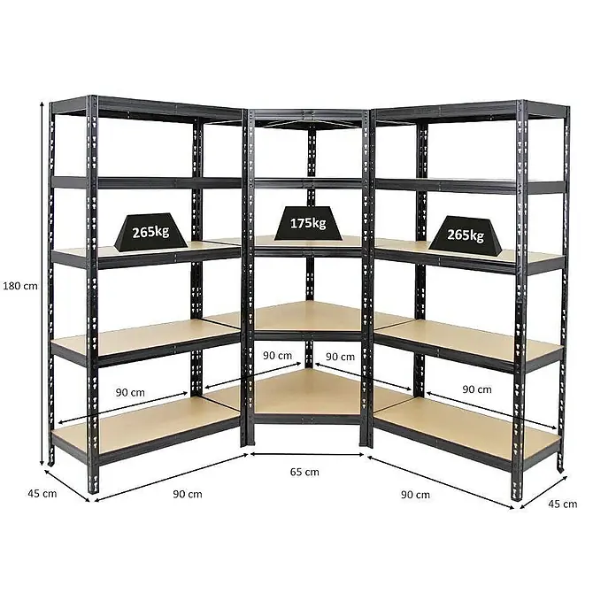 Proregal Eckregal Mega Deal + 2x Schwerlastregal Tiger - Traglast pro Boden: 175 kg, Anzahl Böden: 5 Stk., Stecken, Schwarz - Dreiteiliges Eckregal mit den Maßen 180x90x45 cm, ideal für hohe Lasten bis zu 265 kg und 175 kg in der Mitte.