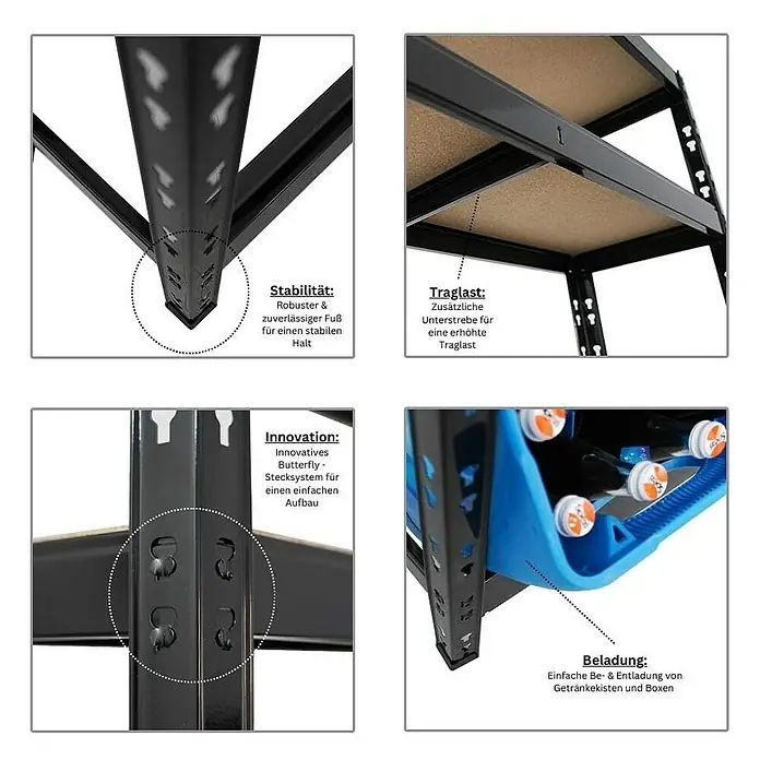 Proregal Getränkekistenregal BODENSEE - Traglast pro Boden: 150 kg, Anzahl Böden: 5 Stk., Stecken, Schwarz - Produktdetails: Stabilität, Traglast, innovatives Stecksystem und einfache Beladung des schwarzen Regals.