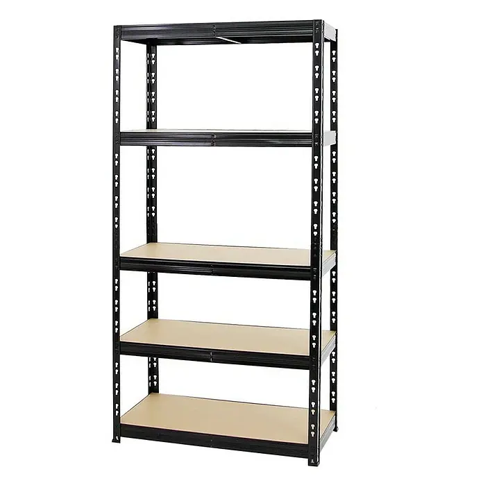 Proregal Eckregal Mega Deal + 2x Schwerlastregal Tiger - Traglast pro Boden: 175 kg, Anzahl Böden: 5 Stk., Stecken, Schwarz - Abbildung eines schwarzen Metallregals mit fünf Regalböden. Das Regal ist freistehend und hat eine robuste Konstruktion.
