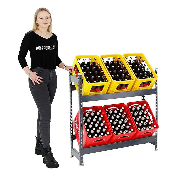Proregal Getränkekistenregal CAMEL - H x B x T: 100 x 100 x 30 cm, Traglast pro Boden: 100 kg, Anzahl Böden: 2 Stk., Stecken, Schwarz - Regalsystem zur Präsentation von Getränkekisten, mit robustem Stahlrahmen und geneigten Ablagen für einfache Entnahme.