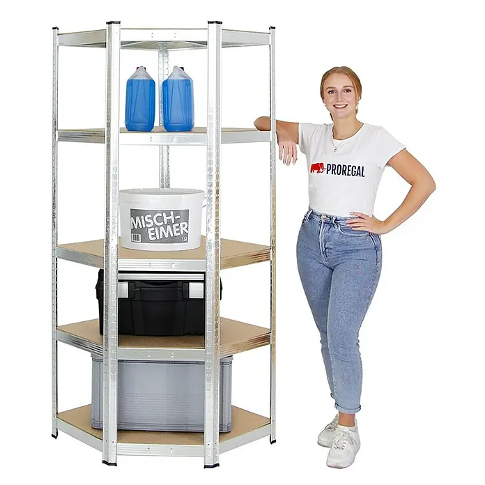 Proregal Eckregal Ragnar - Traglast pro Boden: 175 kg, Anzahl Böden: 5 Stk., Stecken, Verzinkt - Eckregal mit 5 Böden, ideal für Garage, Keller oder Abstellraum. Viel Stauraum durch Eckform.