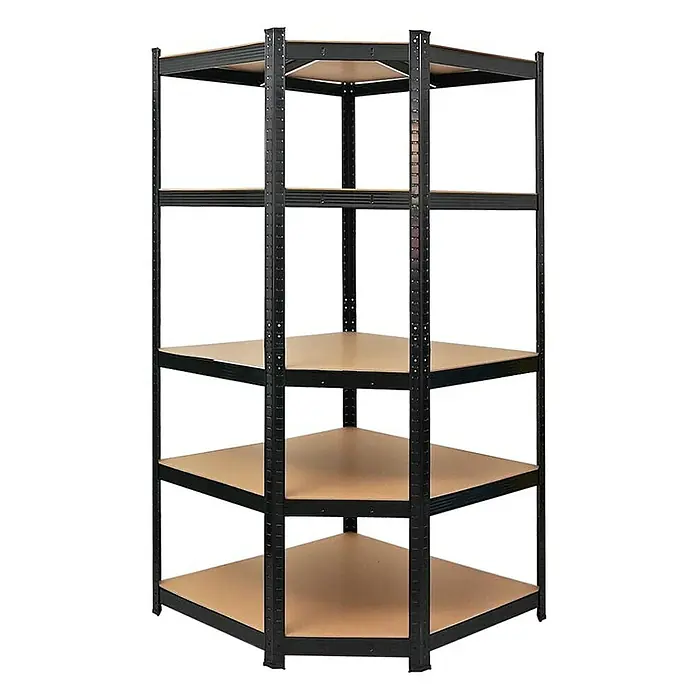 Proregal Eckregal Ragnar - Traglast pro Boden: 175 kg, Anzahl Böden: 5 Stk., Stecken, Schwarz - Eckregal mit fünf Ebenen, robust und ideal für die Lagerung in Ecken, bietet viel Stauraum und Ordnung.