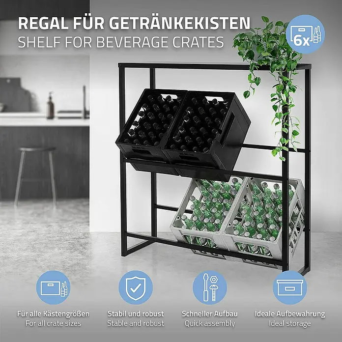 ML-Design Getränkekistenregal Kastenständer für 6 Kisten stabiles Standregal freistehend Stahl - H x B x T: 108,5 x 32 x 32 cm, Traglast pro Boden: 150 kg, Anzahl Böden: 8 Stk., Stecken, Anthrazit - Regal für Getränkekisten mit zwei Fächern, mit Getränken gefüllt. Das Regal ist aus Metall und die Kisten sind aus Kunststoff.