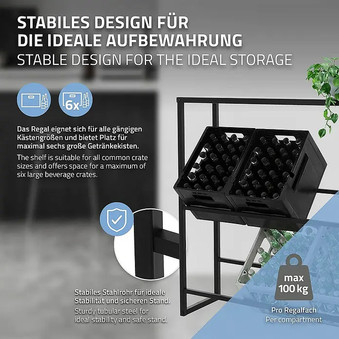 ML-Design Getränkekistenregal Kastenständer für 6 Kisten stabiles Standregal freistehend Stahl - H x B x T: 108,5 x 32 x 32 cm, Traglast pro Boden: 150 kg, Anzahl Böden: 8 Stk., Stecken, Anthrazit - Produktbild eines Getränkekistenregals mit stabilem Design für die ideale Aufbewahrung von bis zu 6 Getränkekisten.