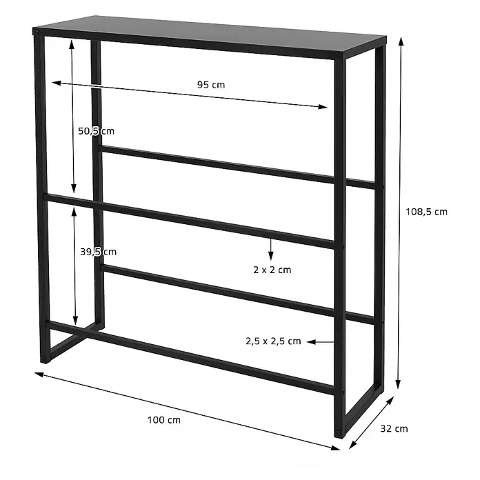 ML-Design Getränkekistenregal Kastenständer für 6 Kisten stabiles Standregal freistehend Stahl - H x B x T: 108,5 x 32 x 32 cm, Traglast pro Boden: 150 kg, Anzahl Böden: 8 Stk., Stecken, Anthrazit - Ein schwarzer Konsolentisch mit drei Regalböden und sichtbaren Maßen.