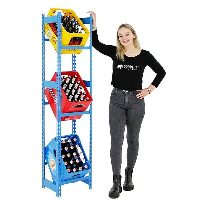 Proregal Getränkekistenregal BIG CAMEL - Traglast pro Boden: 100 kg, Anzahl Böden: 3 Stk., Stecken, Blau - Regal mit drei Getränkekästen in verschiedenen Farben. Die stabilen Regale bieten eine ideale Lagerlösung für Getränke.
