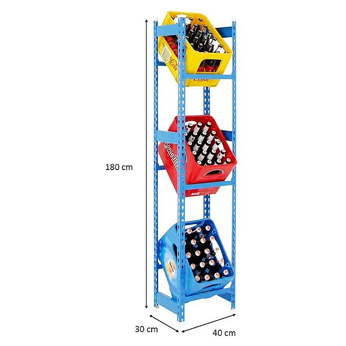 Proregal Getränkekistenregal BIG CAMEL - Traglast pro Boden: 100 kg, Anzahl Böden: 3 Stk., Stecken, Blau - Das Bild zeigt ein blaues Regal mit drei schrägen Getränkekisten (gelb, rot, blau), gefüllt mit Flaschen. Die Maße des Regals sind angegeben.