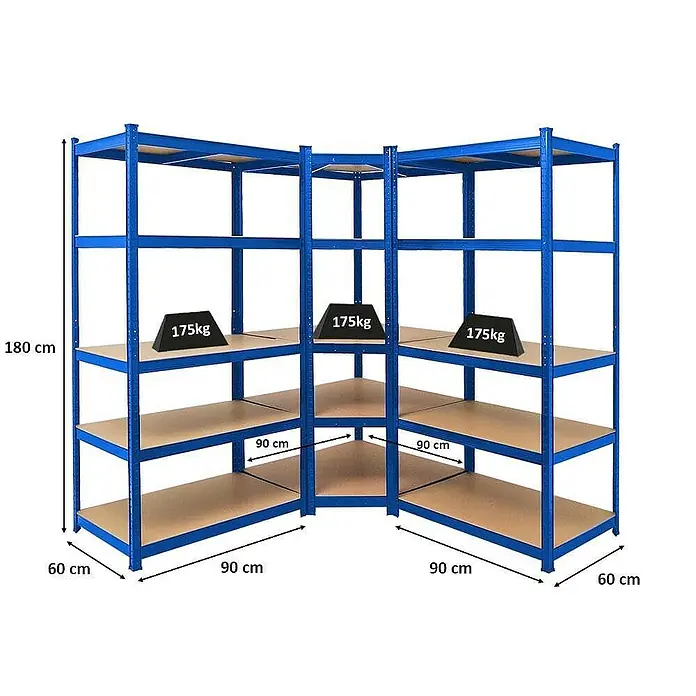Proregal Eckregal Mega Deal Ragnar - Traglast pro Boden: 175 kg, Anzahl Böden: 5 Stk., Stecken, Blau - Eckregal mit den Maßen 180 cm Höhe, 60 cm Tiefe und 90 cm Breite, belastbar mit 175 kg pro Regalboden.