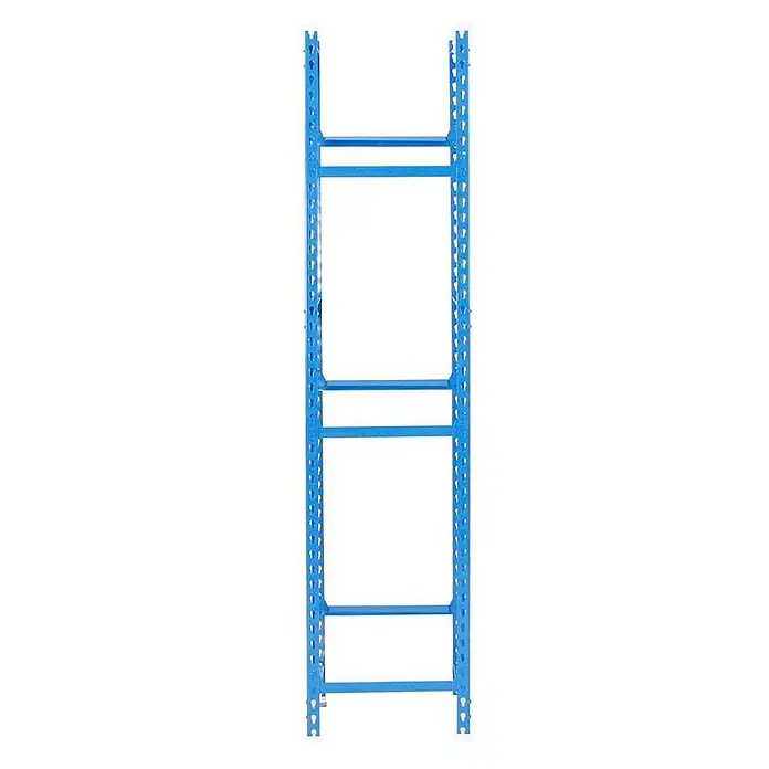 Proregal Getränkekistenregal BIG CAMEL - Traglast pro Boden: 100 kg, Anzahl Böden: 3 Stk., Stecken, Blau - Ein blaues Palettenregal mit mehreren Ebenen zur Lagerung von Waren. Stabile Konstruktion für industrielle Anwendungen.