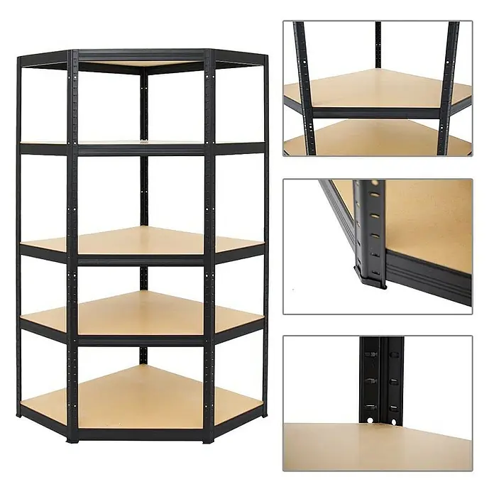 Proregal Eckregal Mega Deal + 2x Schwerlastregal Big Elephant S - Traglast pro Boden: 250 kg, Anzahl Böden: 5 Stk., Stecken, Schwarz - Eckregal mit fünf Ebenen und schwarzem Metallrahmen mit braunen Holzplatten, ideal für die Raumnutzung.