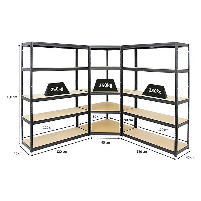 Proregal Eckregal Mega Deal + 2x Schwerlastregal Big Elephant S - Traglast pro Boden: 250 kg, Anzahl Böden: 5 Stk., Stecken, Schwarz - Abbildung eines Eckregalsystems mit fünf Ebenen aus Metall und Holz, das mit bis zu 250 kg pro Ebene belastbar ist.