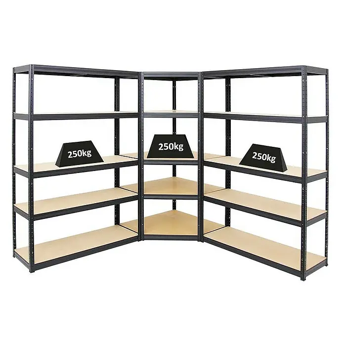Proregal Eckregal Mega Deal + 2x Schwerlastregal Big Elephant S - Traglast pro Boden: 250 kg, Anzahl Böden: 5 Stk., Stecken, Schwarz - Lagerregal mit 250kg Belastung pro Ebene. Das Regal besteht aus Stahl und Holz und ist ideal für Lagerung und Ordnung.
