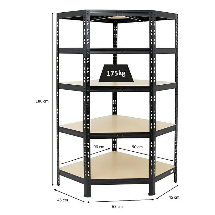 Proregal Eckregal Tiger - H x B x T: 180 x 90 x 45 cm, Traglast pro Boden: 175 kg, Anzahl Böden: 5 Stk., Stecken, Schwarz - Produktabbildung eines schwarzen Eckregals mit fünf Regalböden, belastbar mit bis zu 175 kg.