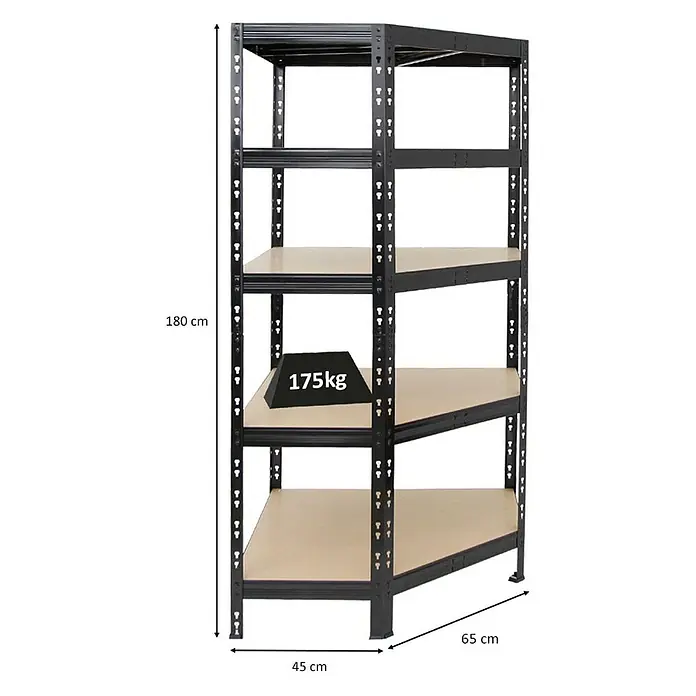 Proregal Eckregal Tiger - H x B x T: 180 x 90 x 45 cm, Traglast pro Boden: 175 kg, Anzahl Böden: 5 Stk., Stecken, Schwarz - Abbildung eines schwarzen Metallregals mit fünf Regalböden und den Maßen 180 cm Höhe, 45 cm Breite und 65 cm Tiefe.