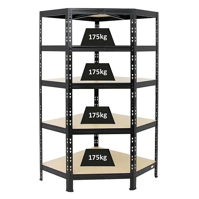 Proregal Eckregal Tiger - H x B x T: 180 x 90 x 45 cm, Traglast pro Boden: 175 kg, Anzahl Böden: 5 Stk., Stecken, Schwarz - Ein Regal aus Metall mit vier Fächern, die jeweils mit 175 kg belastet sind. Es zeigt die hohe Tragfähigkeit und Stabilität.