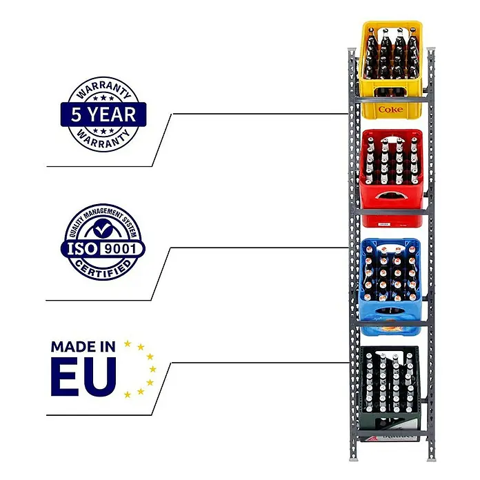 Proregal Getränkekistenregal HIGH BIG CAMEL - Traglast pro Boden: 100 kg, Anzahl Böden: 4 Stk., Stecken, Schwarz - Abbildung eines Regalsystems, das mit Getränkekisten gefüllt ist, mit Garantiesiegel, ISO-Zertifizierung und Herkunftsangabe EU.