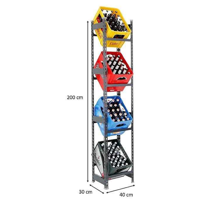Proregal Getränkekistenregal HIGH BIG CAMEL - Traglast pro Boden: 100 kg, Anzahl Böden: 4 Stk., Stecken, Schwarz - Regal mit vier Getränkekisten in Gelb, Rot, Blau und Grün. Die Maße sind 200 cm hoch, 30 cm tief und 40 cm breit.