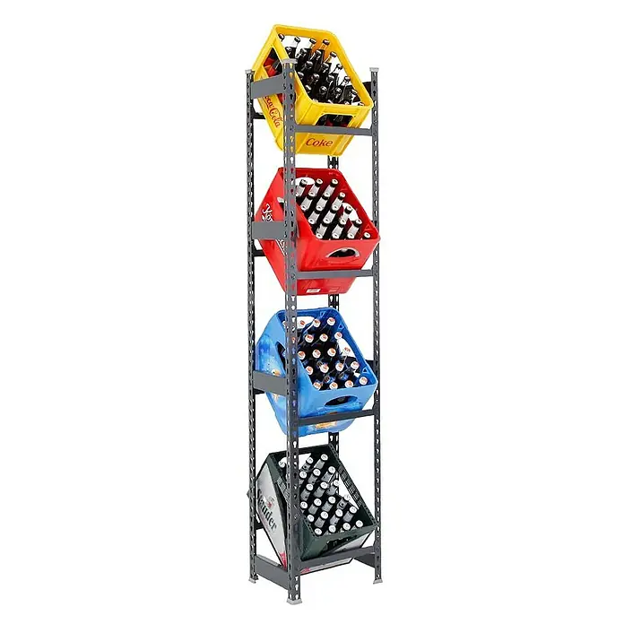 Proregal Getränkekistenregal HIGH BIG CAMEL - Traglast pro Boden: 100 kg, Anzahl Böden: 4 Stk., Stecken, Schwarz - Getränke-Regal mit vier unterschiedlich farbigen Kästen, die mit Bierflaschen gefüllt sind. Praktische Aufbewahrung für Zuhause.