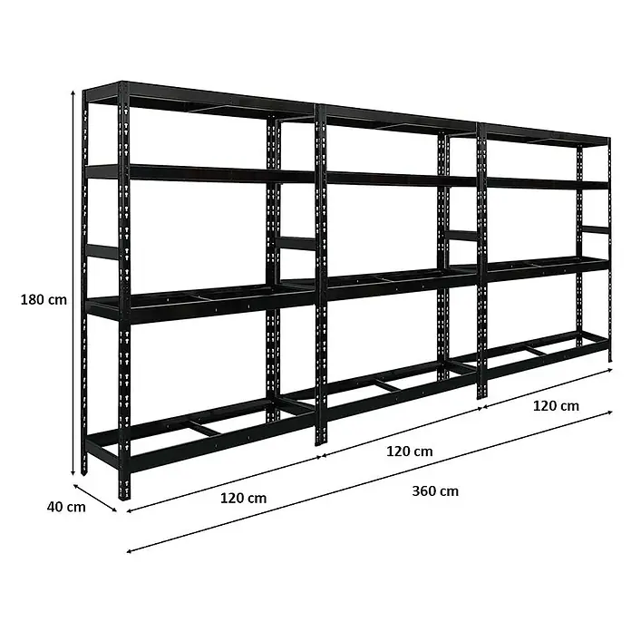 Proregal Reifenregal Mega Deal Tiger mit Fachboden - Stecken, Schwarz - Abbildung eines schwarzen Metallregals mit den Maßen 180 cm Höhe, 40 cm Tiefe und 360 cm Breite.