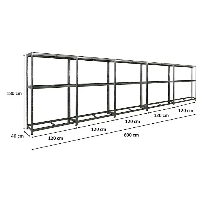 Proregal Reifenregal Mega Deal Ragnar - H x B x T: 180 x 120 x 40 cm, Stecken, Verzinkt - Ein langer, grauer Metallregalrahmen mit zwei Ebenen und mehreren Abschnitten, der die Abmessungen des Produkts zeigt.